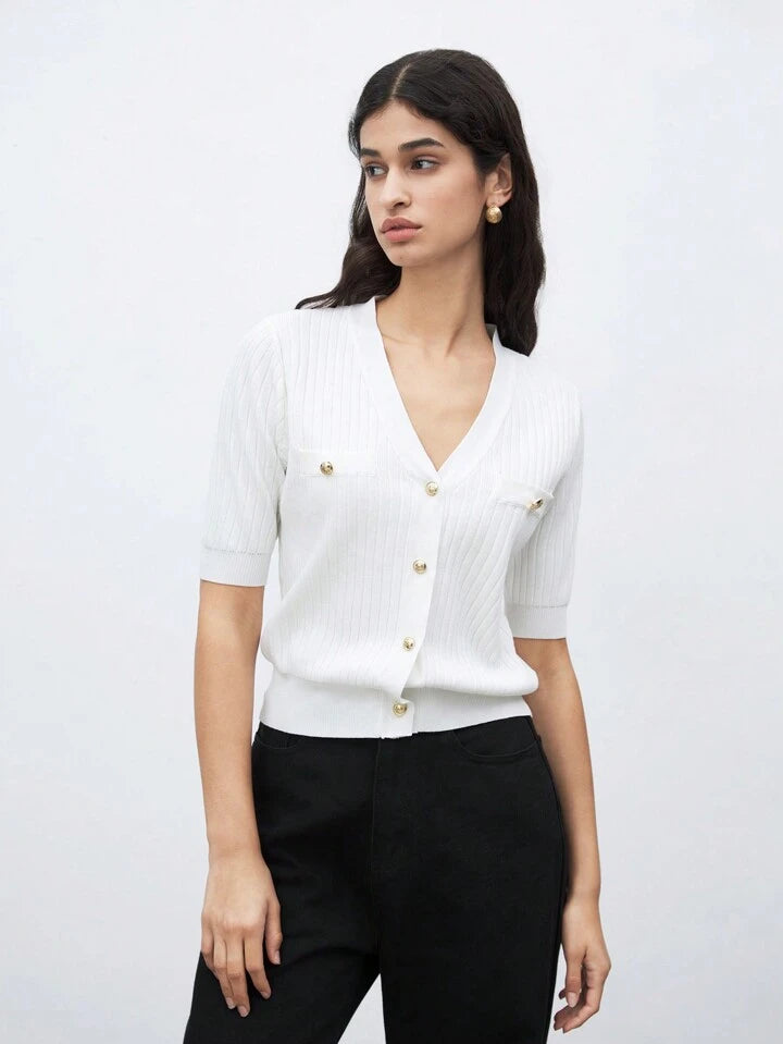 CM-TS513431 Women Casual Seoul Style V-Neck Short Sleeve Button Front Knit Blouse - White