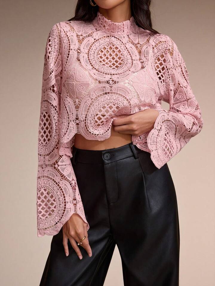 CM-TS544222 Women Casual Seoul Style Stand Collar Lace Hollow-Out See-Through Blouse - Pink