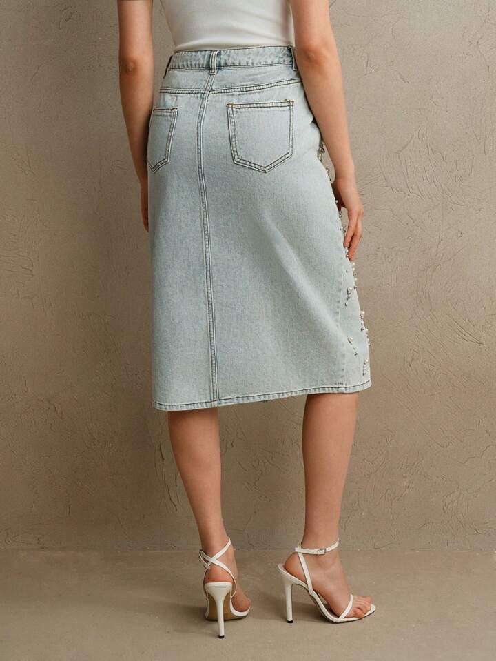 CM-BS676009 Women Elegant Seoul Style Light Wash Beaded Embellished Fitted Midi Denim Skirt