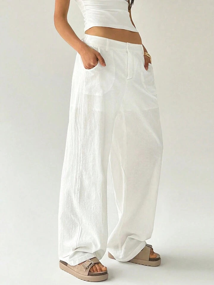 CM-BS275741 Women Casual Seoul Style Solid Color Low Waist Loose Straight Leg Pants - White