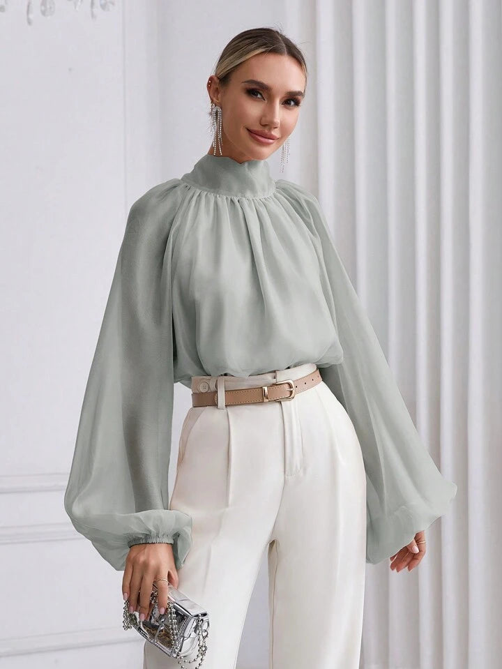CM-TS993626 Women Elegant Seoul Style High Neck Lantern Sleeve Shirt - Light Gray
