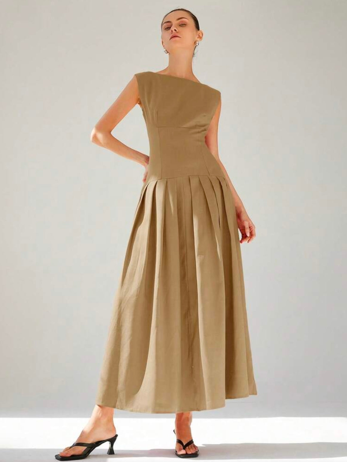 CM-DS613174 Women Elegant Seoul Style Sleeveless Cinched Waist Low Waist Pleated Ruffle Hem Long Dress - Apricot