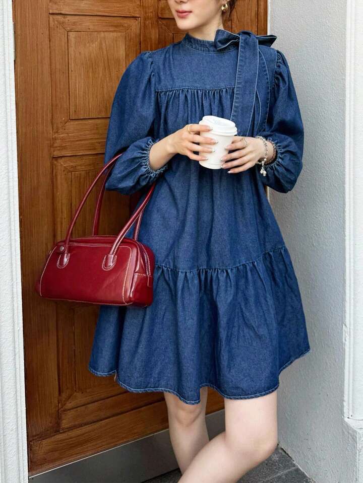 CM-DS154165 Women Elegant Seoul Style Medium Wash Bow Tie Lantern Sleeve Oversized Babydoll Denim Dress