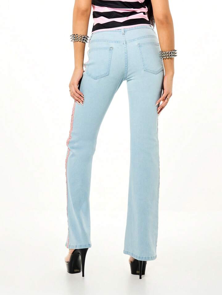 CM-BS578333 Women Casual Seoul Style Low Rise Side Stripe Detail Hook And Eye Closure Flare Leg Denim Jeans