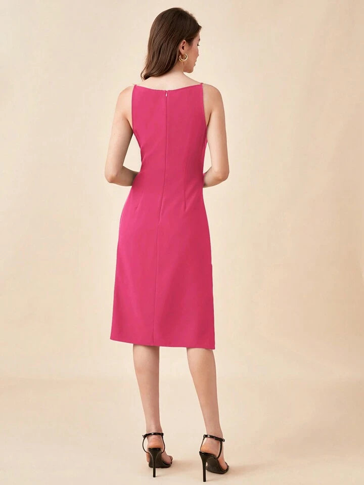 CM-DS850959 Women Elegant Seoul Style Round Neck Spaghetti Strap Midi Dress - Hot Pink