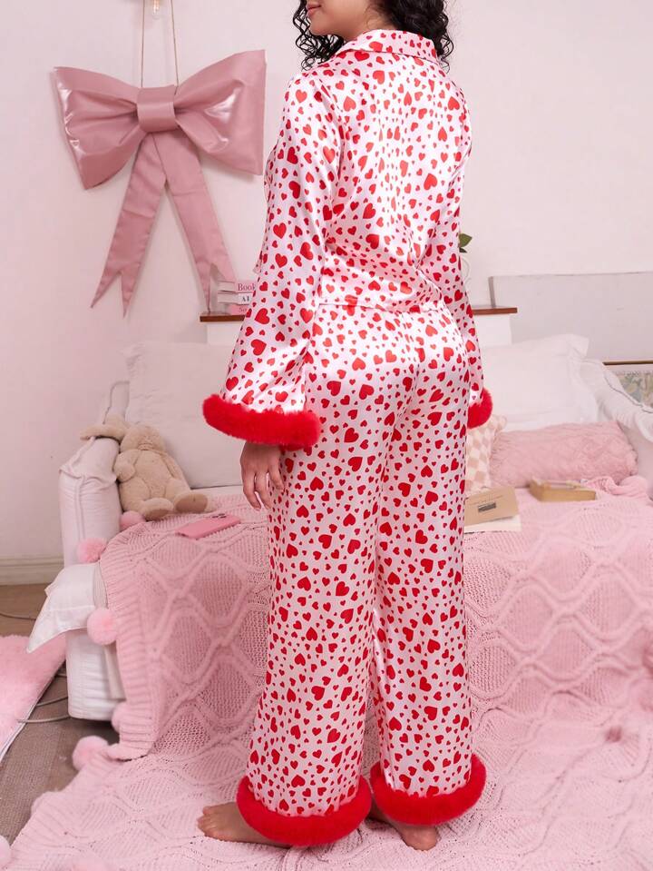 CM-LS938888 Women Trendy Seoul Style V-Neck Pastel Embossed Heart And Feather Pajama Set