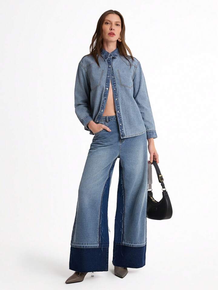 CM-BS052067 Women Casual Seoul Style Light Wash Colorblock Insert Pocket Loose Fit Wide Leg Jeans
