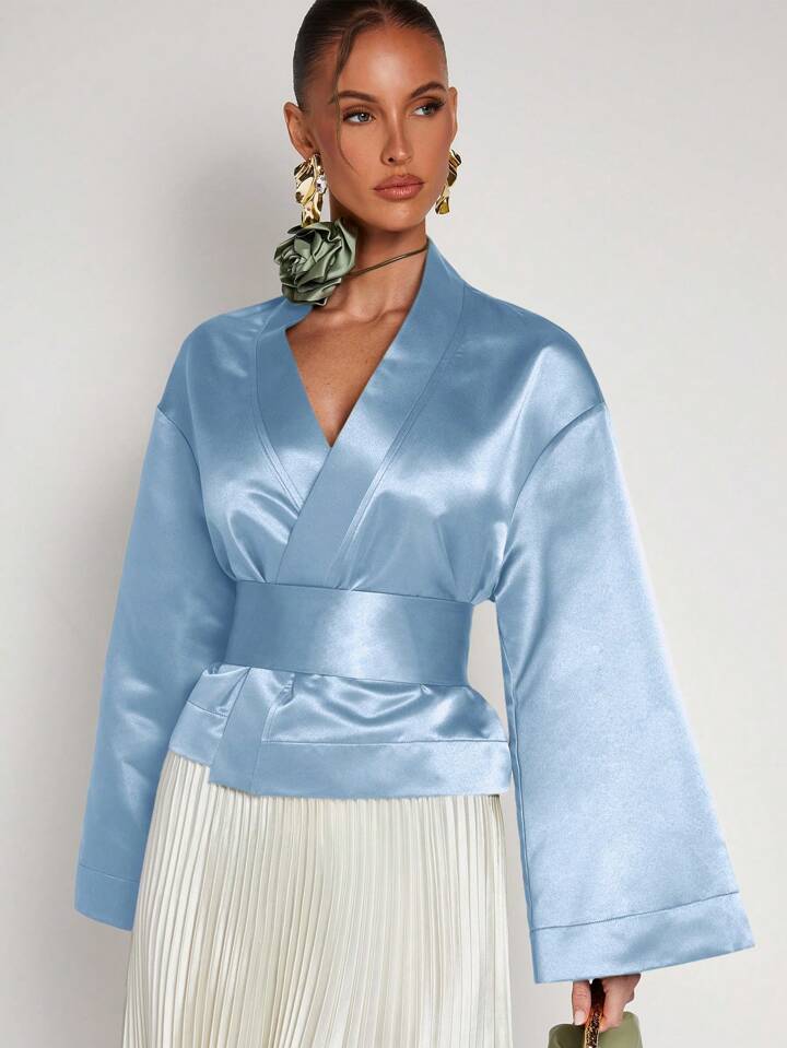 CM-TS888050 Women Elegant Seoul Style Solid Color V-Neck Wrap Flared Sleeve Blouse - Baby Blue