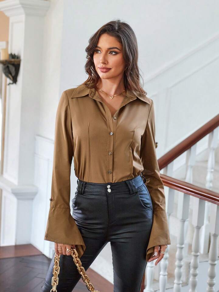 CM-TS155895 Women Elegant Seoul Style Collar Neckline Flared Sleeve Blouse - Brown