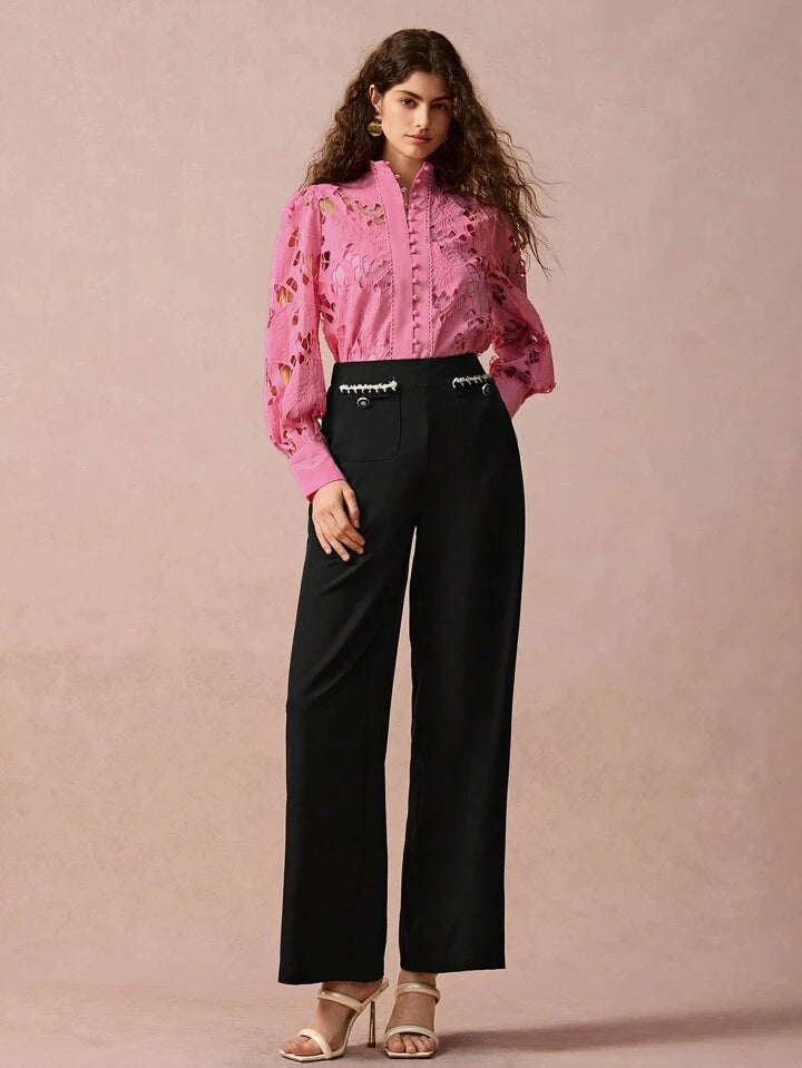 CM-TS490679 Women Elegant Seoul Style Embroidered Cutout Patchwork Stand Collar Button Front Shirt