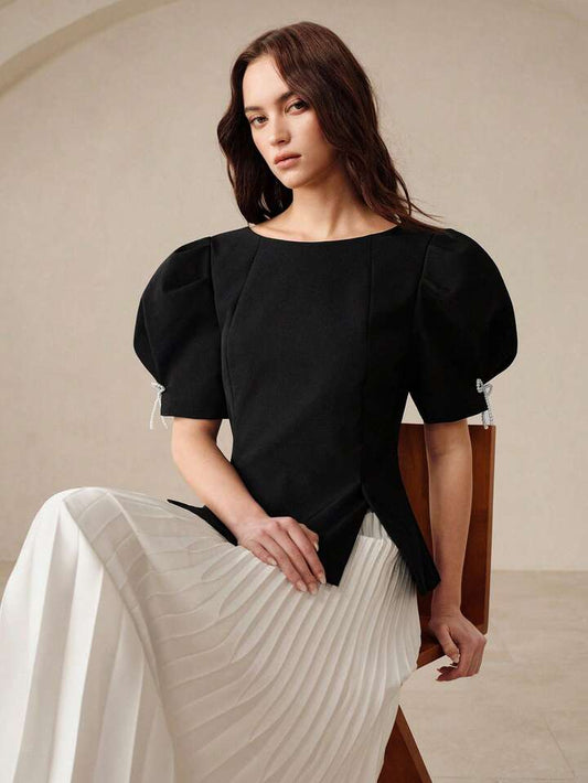 CM-TS263228 Women Elegant Seoul Style Round Neck Puff Sleeve Floral Cuff Pearl Beaded Bow Waist Cut-Out Pleated Top
