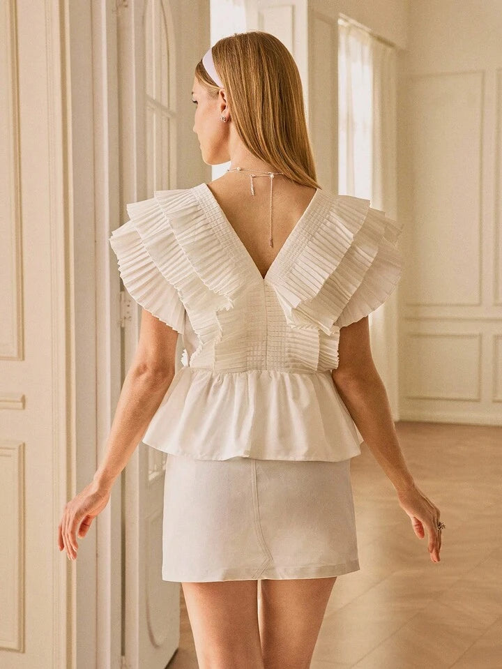 CM-TS670568 Women Elegant Seoul Style V-Neck Flounce Sleeve Multi-Layer Ruffle Pleated Blouse - White