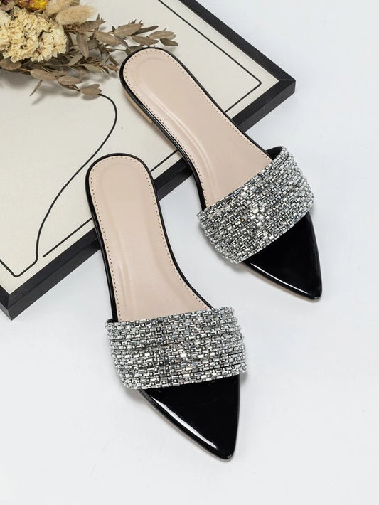 CM-SHS205366 Women Trendy Seoul Style Pointed Toe Rhinestone Decor Slip-on Flat Sandals - Black
