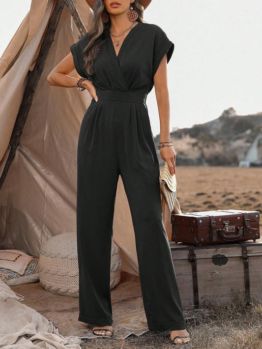 CM-JS598104 Women Trendy Bohemian Style V-Neck Batwing Sleeve Tie Waist Wrap Jumpsuit - Black