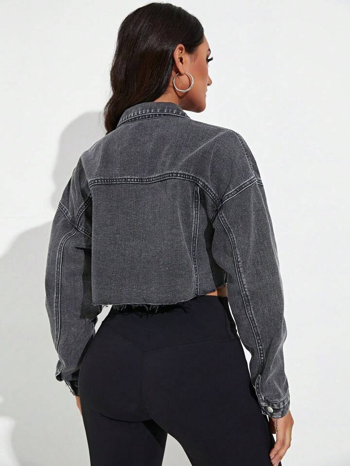 CM-CS141848 Women Casual Seoul Style Front Button Turn-Down Collar Long Sleeve Denim Jacket