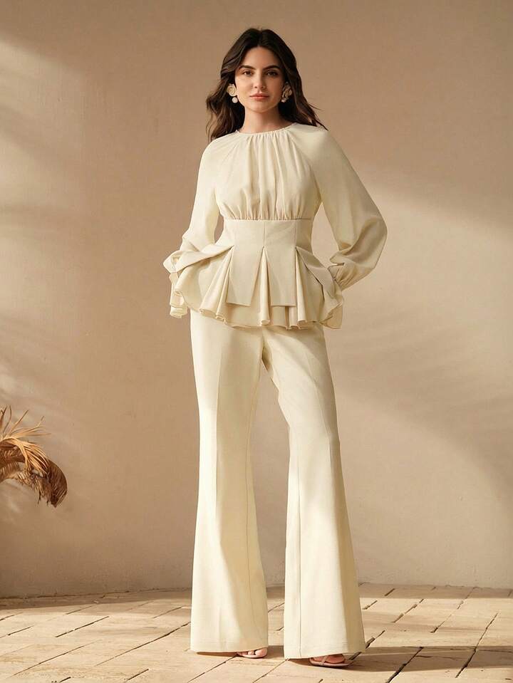 CM-SS834729 Women Elegant Seoul Style Round Neck Long Sleeve Chiffon Patchwork Blouse With Flared Leg Pants - Set