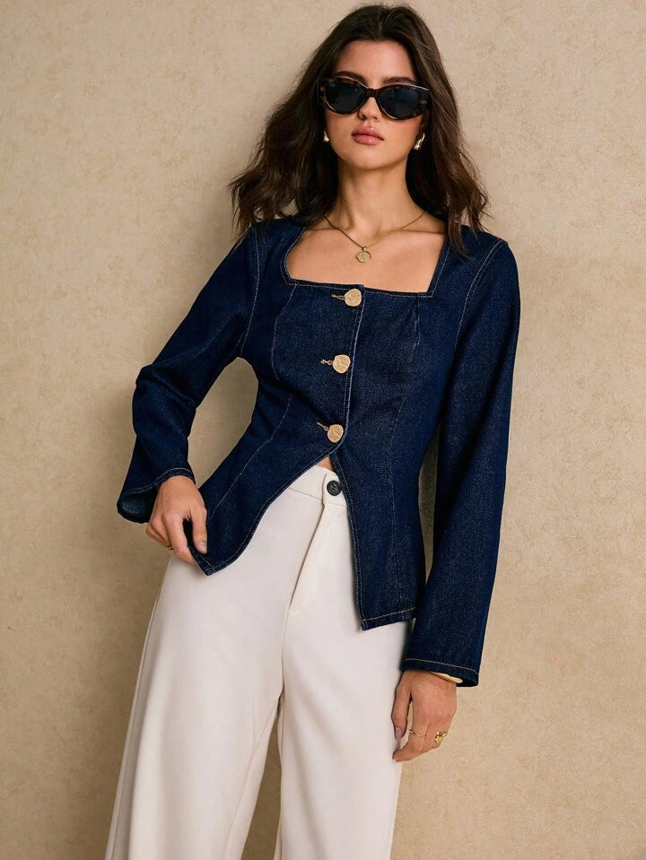 CM-TS629341 Women Elegant Seoul Style Dark Wash Square Neck Long Sleeve Single-Breasted Denim Top