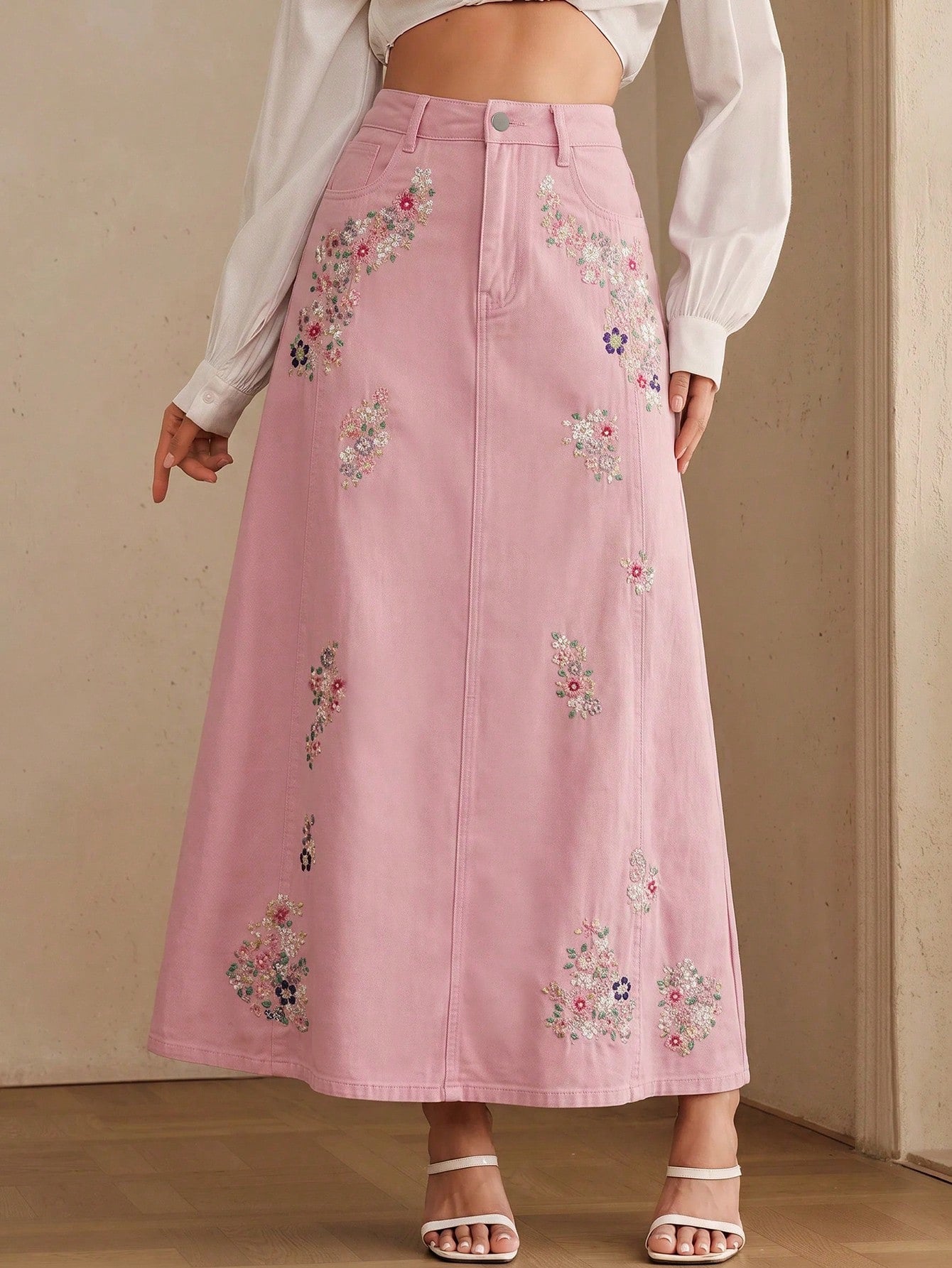 CM-BS478582 Women Casual Seoul Style Mid Waist Embroidery Slimming Design Split A-Line Denim Skirt - Pink