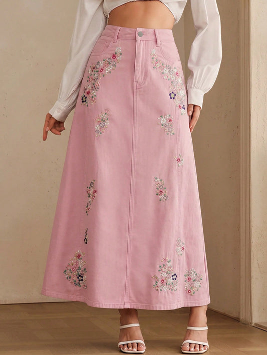 CM-BS478582 Women Casual Seoul Style Mid Waist Embroidery Slimming Design Split A-Line Denim Skirt - Pink