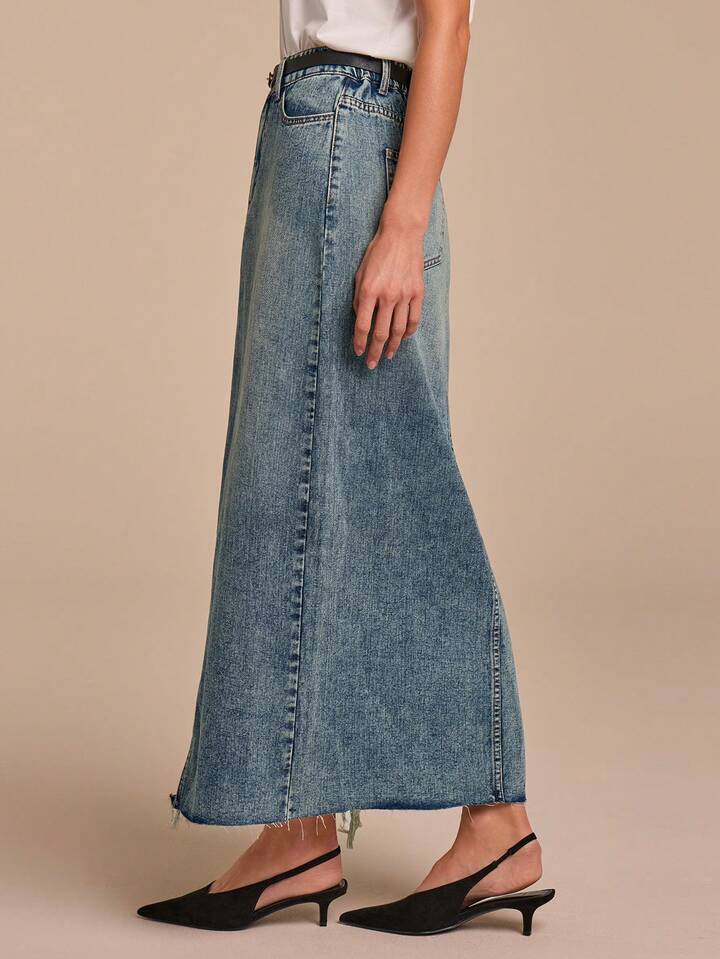 CM-BS347174 Women Casual Seoul Style Medium Wash High Waist Asymmetrical Hem Frayed Long Denim Skirt