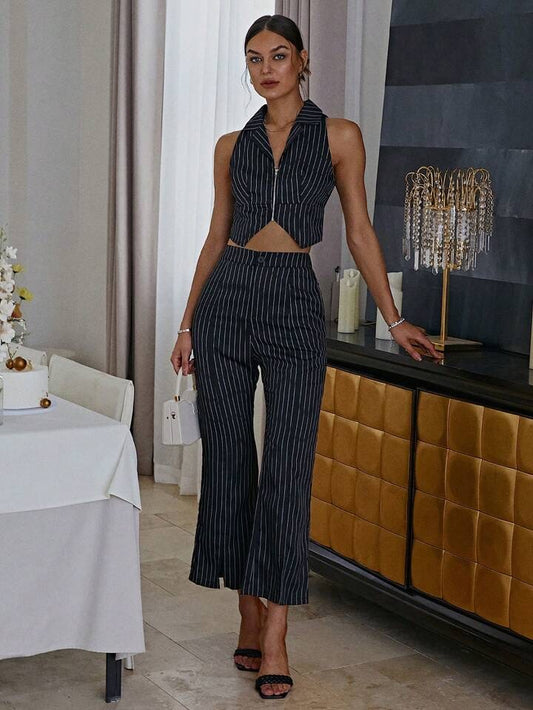 CM-SS108978 Women Elegant Seoul Style Vertical Striped Vest With Split Flared Pants Set - Black