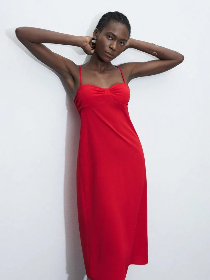 CM-DS827997 Women Casual Seoul Style Solid Color Spaghetti Strap Sleeveless Midi Dress - Red