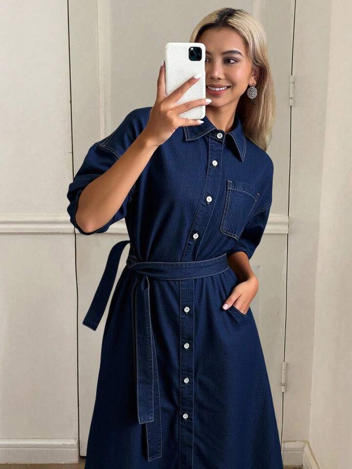 CM-DS384292 Women Casual Seoul Style Dark Wash Collar Neckline Short Sleeve Front Button Oversized Denim Dress