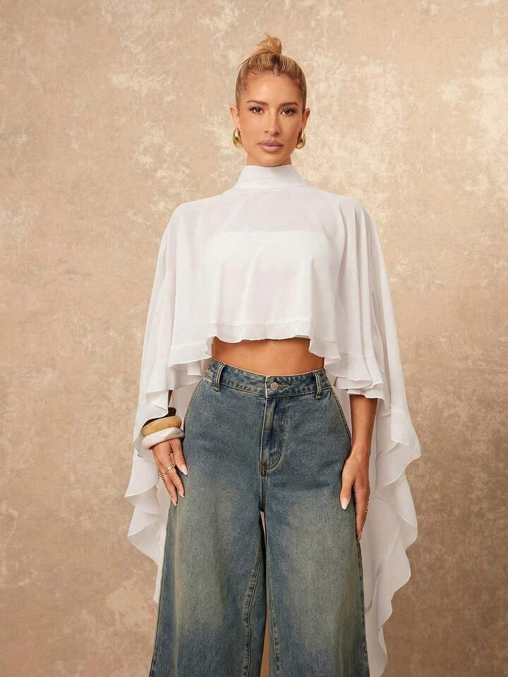 CM-TS820927 Women Casual Seoul Style Asymmetric Ruffle Hem Loose Collar Shawl Blouse - White