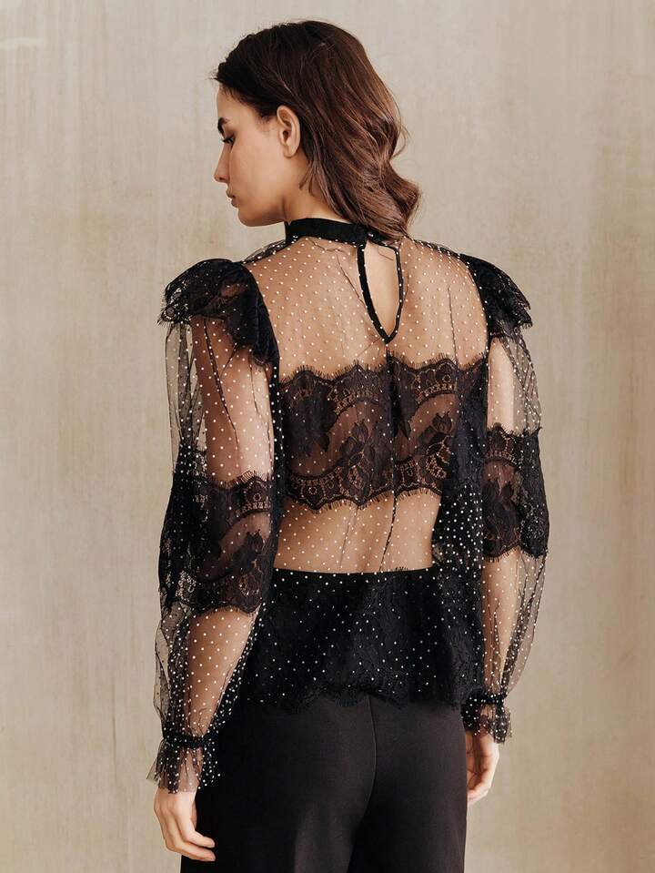CM-TS524661 Women Elegant Seoul Style Sheer Lace Ruffle Trim Long Sleeve Blouse - Black