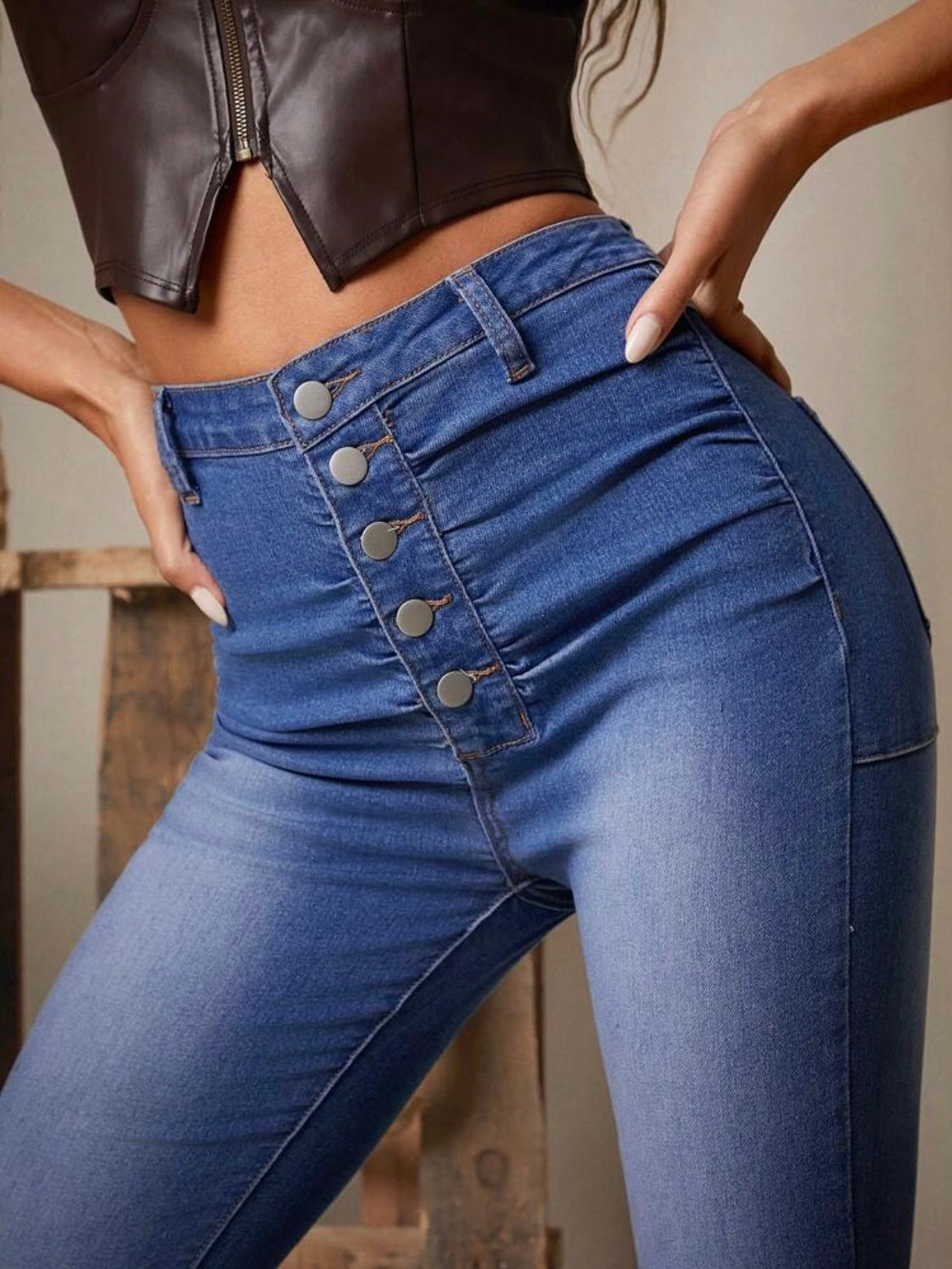 CM-BS919313 Women Casual Seoul Style Dark Wash Front Button High Waist Flare Leg Denim Pants
