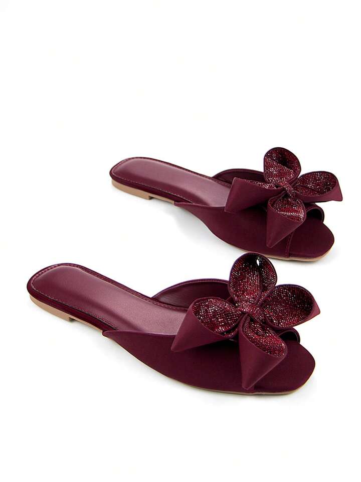 CM-SHS575509 Women Trendy Seoul Style 3D Rhinestone Floral Bow Decor Square Toe Mule Sandals - Burgundy