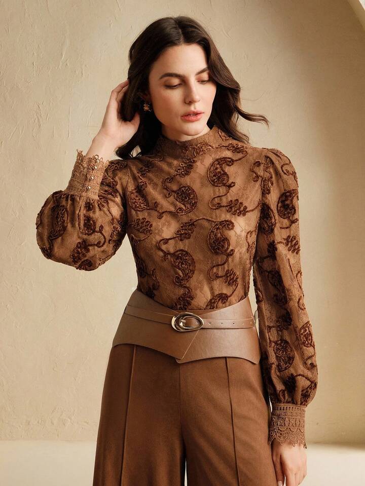 CM-TS672535 Women Elegant Seoul Style Pumpkin Printed Velvet Lace Round Neck Lantern Sleeve Blouse