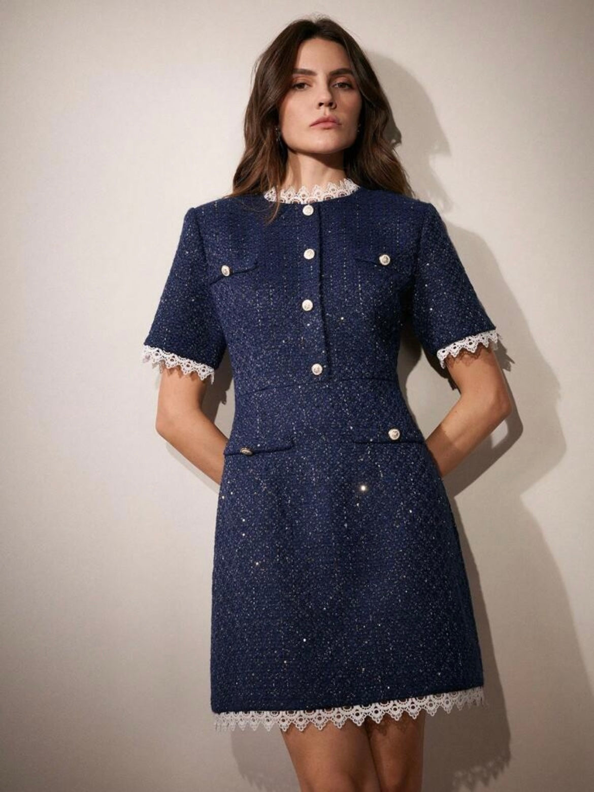 CM-DS959595 Women Elegant Seoul Style Lace Trim Button Decor Knee-Length Dress - Navy Blue