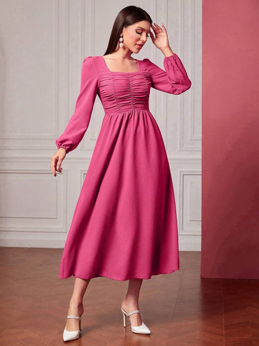 CM-DS108055 Women Casual Seoul Style Square-Neck Pleated Long-Sleeved Dress - Hot Pink