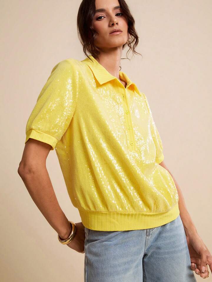 CM-TS980216 Women Elegant Seoul Style Semi-Sheer Sequin Collar Loose Short Sleeve Knit Top - Yellow