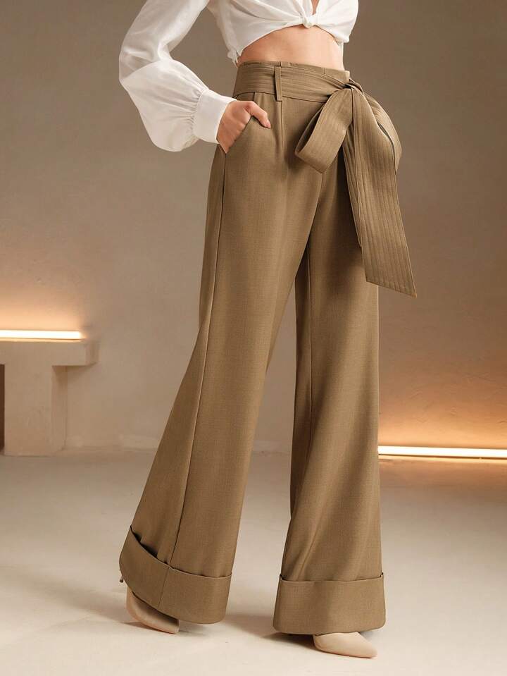 CM-BS011306 Women Elegant Seoul Style High Waist Belted Wide Leg Pants - Khaki