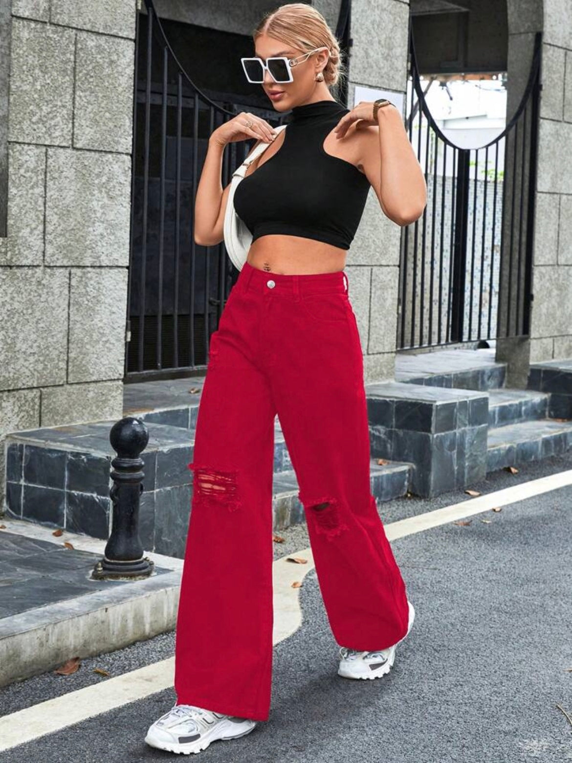 CM-BS161213 Women Casual Seoul Style High Waist Distressed Wide Leg Loose Denim Jeans - Red