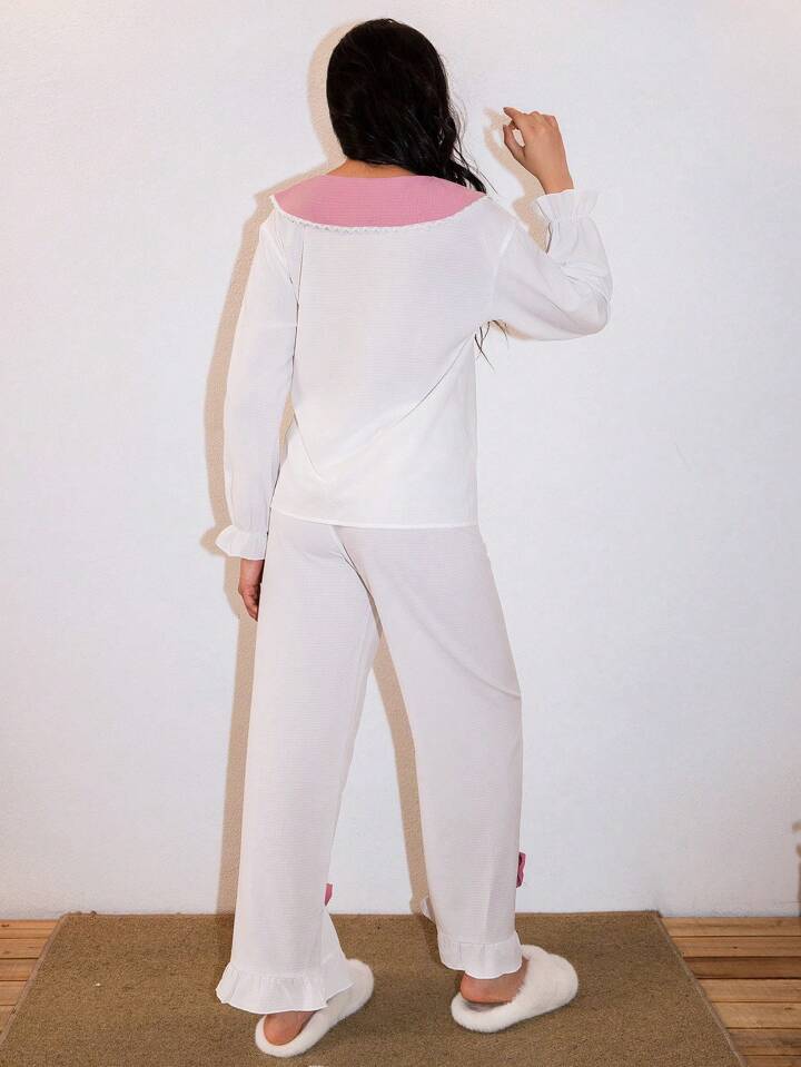 CM-LS596618 Women Trendy Seoul Style Peter Pan Collar Colorblock Bowknot Pajama Set - White