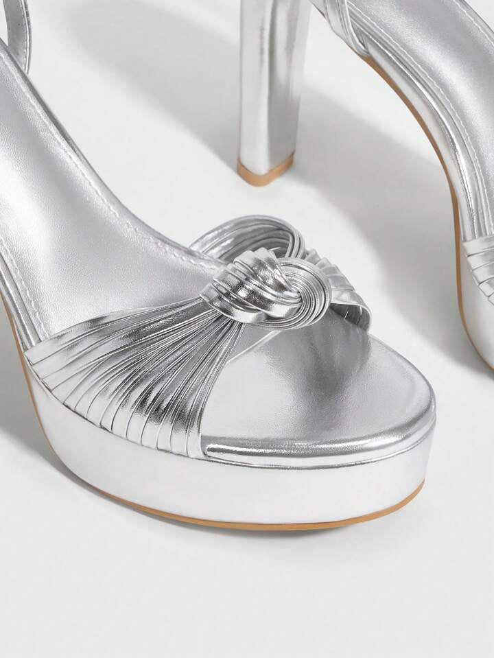 CM-SHS222096 Women Trendy Seoul Style Round Toe Chunky Knotted Detail High Heel Sandals - Silver