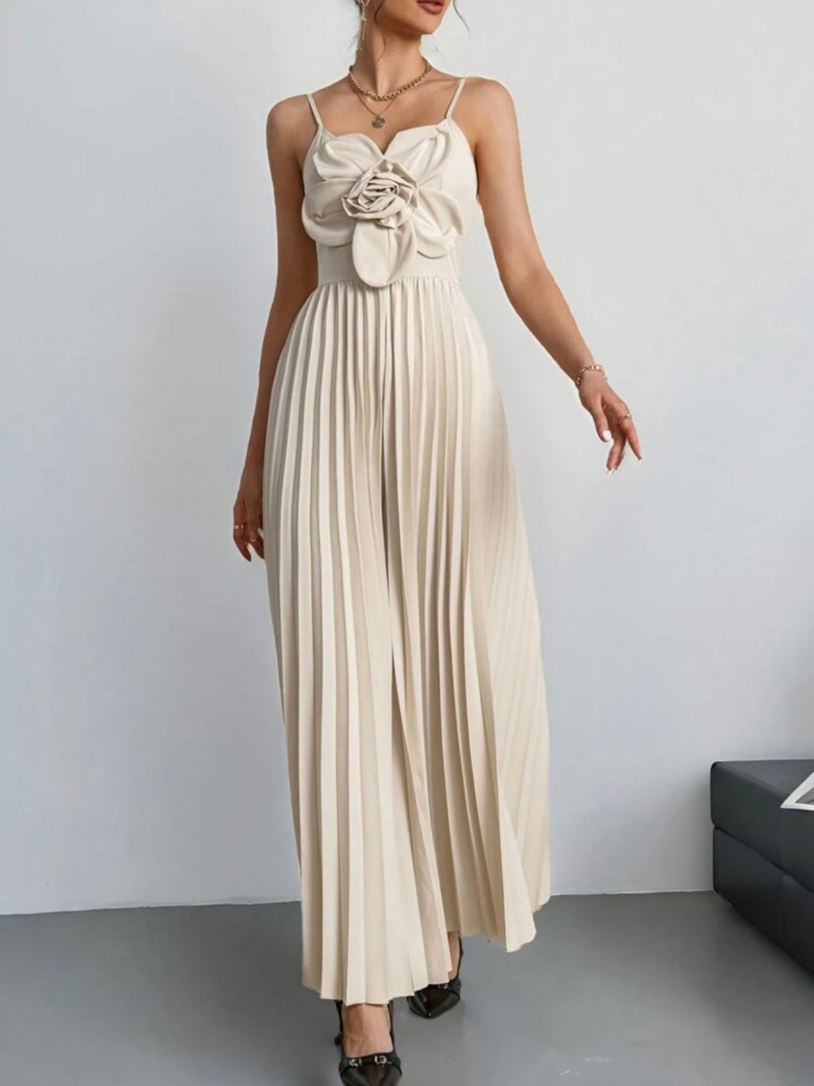 CM-JS204264 Women Elegant Seoul Style V-Neck Spaghetti Strap 3D Floral Wide Leg Jumpsuit