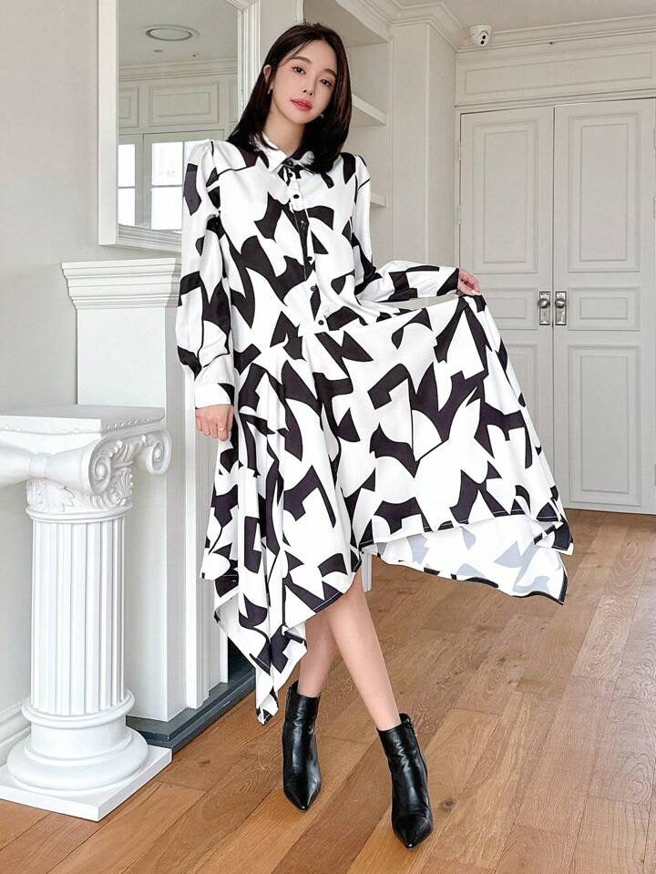 CM-DS352748 Women Casual Seoul Style All-Over Print Asymmetrical Hem Shirt Dress