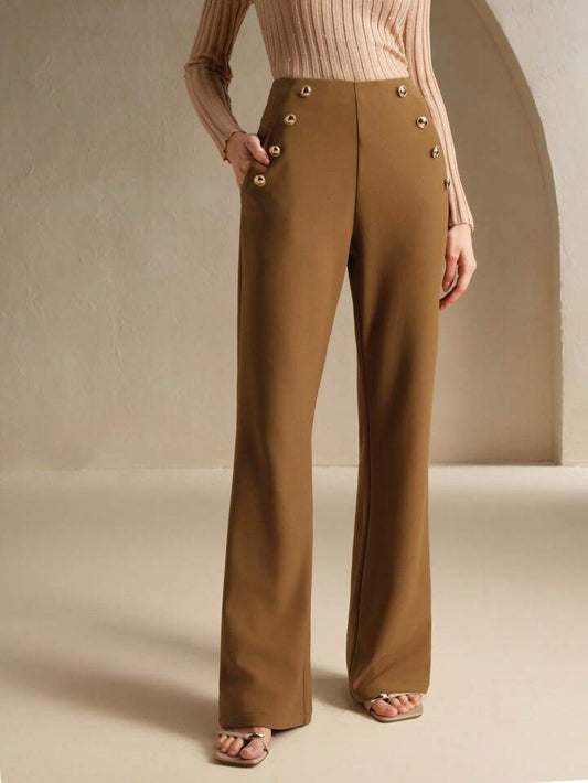 CM-BS159857 Women Elegant Seoul Style Metal Buckle Decor Slim Fit Flare Pants - Brown