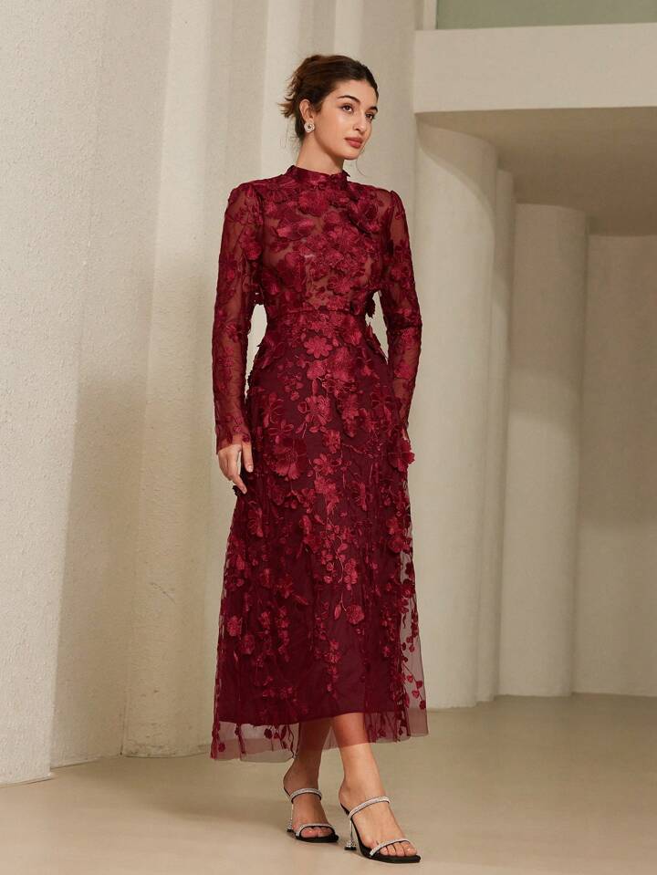 CM-DS735113 Women Elegant Seoul Style Stand Collar Cinched Waist 3D Floral Embroidery Dress - Red Violet