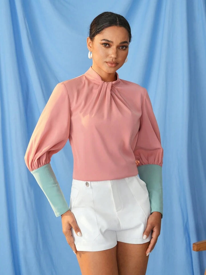 CM-TS991358 Women Elegant Seoul Style Long Sleeve Loose Fit Twisted Front Knot Shirt