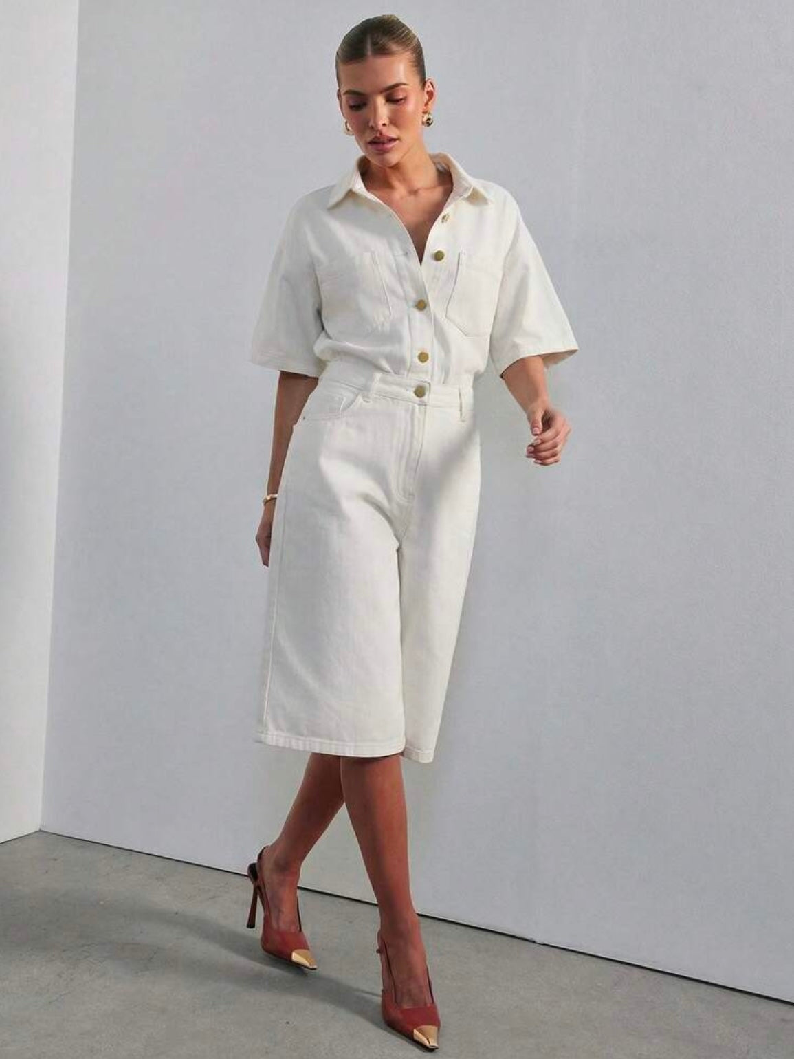 CM-JS836189 Women Casual Seoul Style Collared Short Sleeve Relaxed Denim Jumpsuit - Apricot
