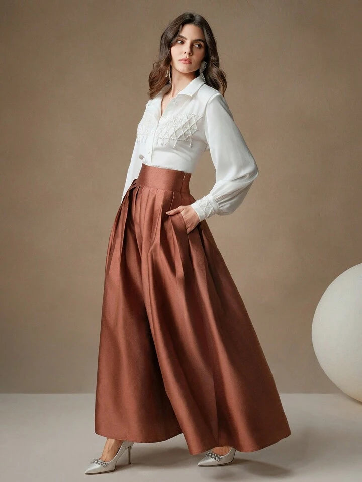 CM-BS672212 Women Elegant Seoul Style High Waisted Puff Pleated Long Skirt - Rust Brown
