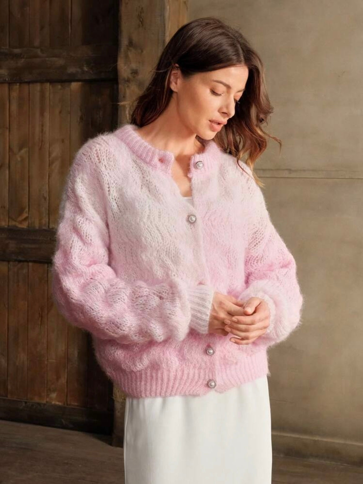 CM-CS180756 Women Casual Seoul Style Ombre Crew Neck Pearl Button Loose Knitted Cardigan