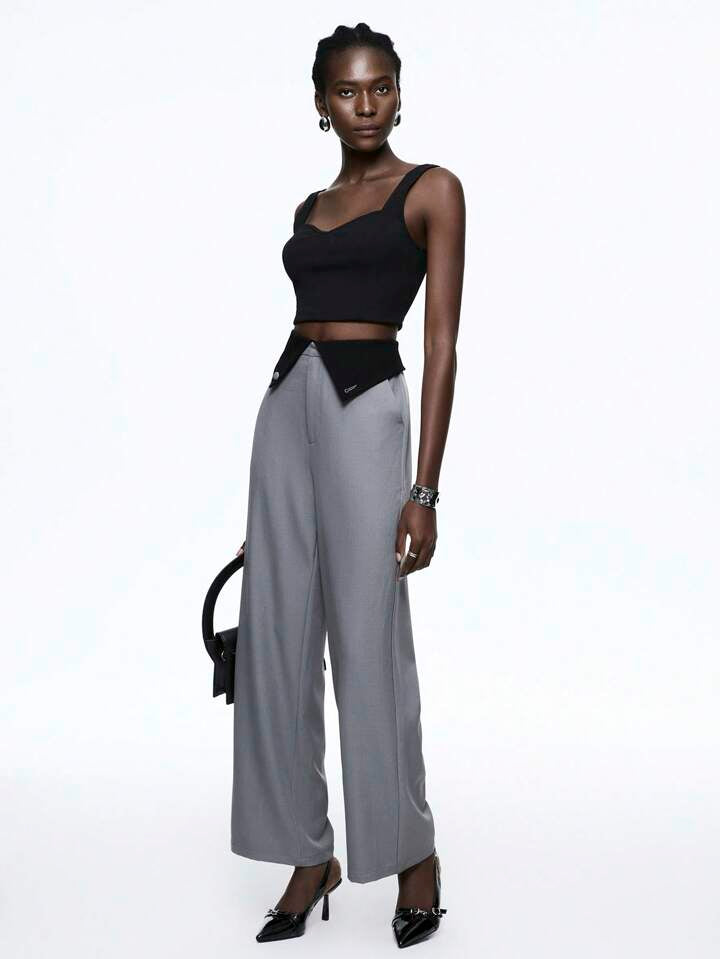 CM-BS093038 Women Elegant Seoul Style Fold-Over Asymmetrical Button High Waist Pants - Gray