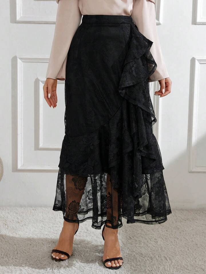 CM-BS141105 Women Elegant Seoul Style Lace Wrapped Ruffle Hem Asymmetric Skirt - Black