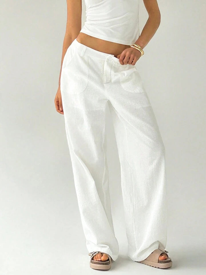 CM-BS275741 Women Casual Seoul Style Solid Color Low Waist Loose Straight Leg Pants - White